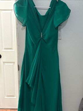 S.L. Fashions Emerald Green V-Neck Draped Midi Dress with Rhinestone Accent